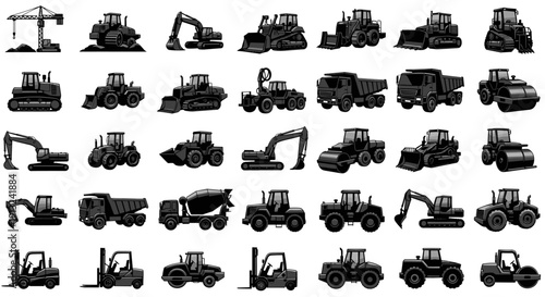 Collection of heavy machinery icons excavators, bulldozers, loaders, dump trucks, rollers, forklifts, representing powerful construction and industrial tasks