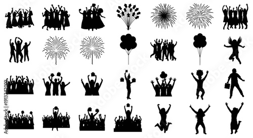 Silhouettes of cheering crowds celebrating with fireworks and balloons, capturing moments of joy and triumph at parties and festivals