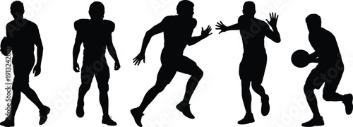 Five black silhouettes of athletes in motion on a white background sport male
