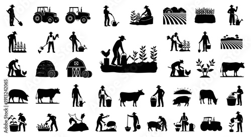 Collection of agricultural icons depicting farming activities, farm animals, and essential tools like tractors and barns, symbolizing the rural lifestyle and organic cultivation practices