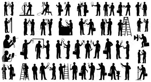 Collection of Silhouette Illustrations Depicting Electricians Performing Various Tasks, Showcasing Professionalism and Technical Expertise in Electrical Work