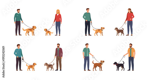 Illustrations showcasing diverse individuals walking their leashed dogs, embodying the concept of responsible pet ownership, daily exercise, and strong human-animal bond