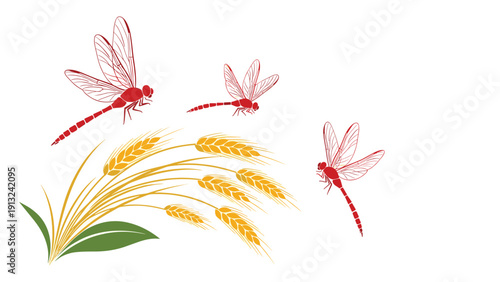 Red dragonflies are seen hovering gracefully over golden stalks of ripening rice under a bright autumn sky in the countryside.