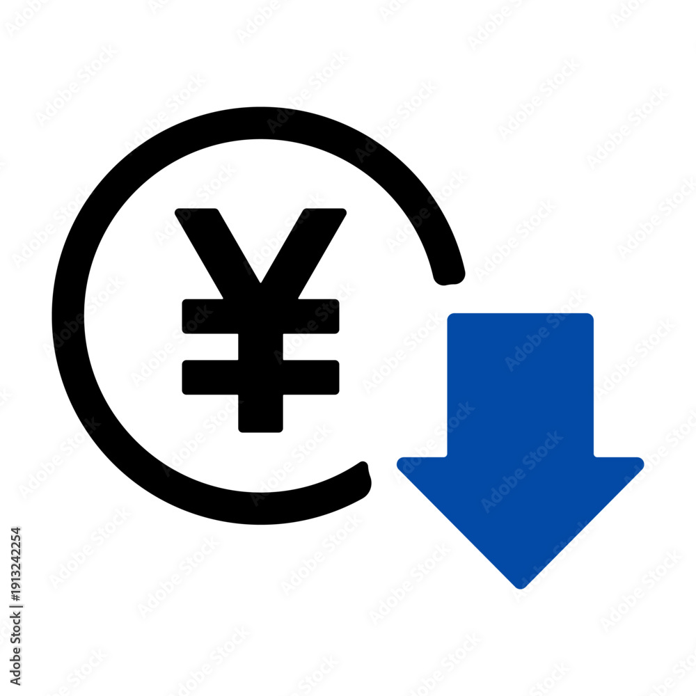 Obraz premium 円マークと下落の矢印 支出減少を表すアイコン
