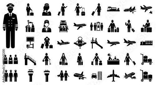 Collection of flight crew, passengers, luggage, control tower, aircraft, and airport services icons representing the aviation industry and travel
