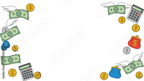Financial concept border frame is created with flying dollar bills, gold coins, wallets, and calculators on a white surface.
