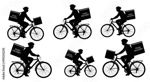 Silhouette illustrations of delivery cyclists on bicycles with insulated food delivery bags, representing food courier services and efficient transportation