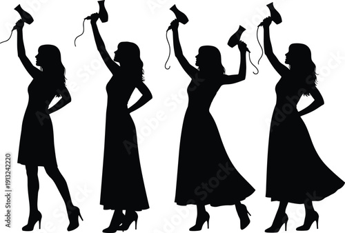 Silhouette women holding hairdryers in stylish poses with dresses and heels, representing fashion, beauty, hairstyling, empowerment lifestyle vector illustration design