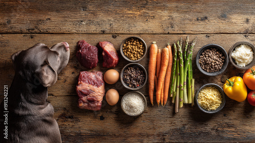 Weimaraner Dog Beside Raw Ingredients for Healthy Dog Food on Rustic Table.