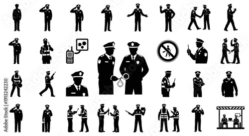 Iconography showcasing police officers in various poses and actions, including saluting, holding radios, and engaging in law enforcement duties