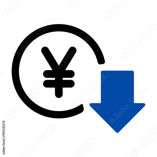 円マークと下落の矢印　支出減少を表すアイコン