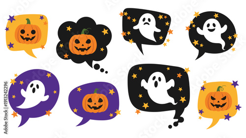 Festive Halloween speech bubbles with ghosts and jack-o-lanterns are decorated with tiny stars on a dark background for kids.
