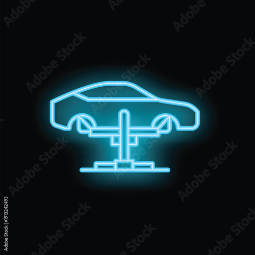 Blue neon sign representing a car repairing service with a car lifted on a hydraulic lift on a black background