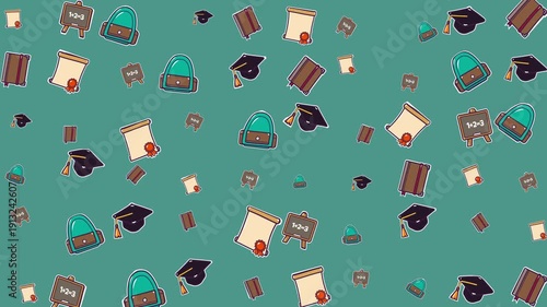 Graduation celebration concept with academic symbols on a colorful backdrop, suitable for educational and milestone event marketing materials.