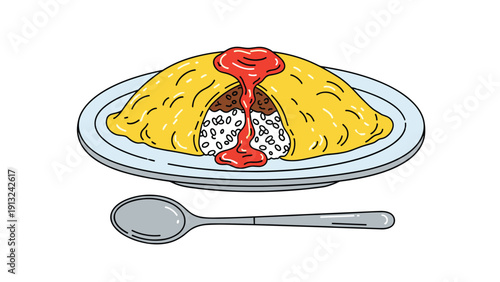 Classic Japanese omurice dish consists of a fluffy yellow omelet served over rice and topped with a swirl of red ketchup.