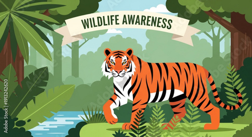 Tiger in jungle with wildlife awareness banner conservation concept