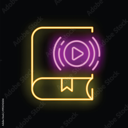 Glowing neon line icon of audiobook concept with book and play button