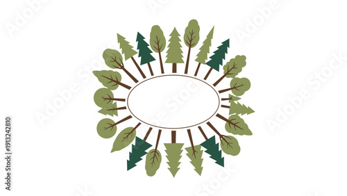 Circular wreath of diverse green trees including pines and deciduous varieties is arranged in a unique naturalistic pattern.