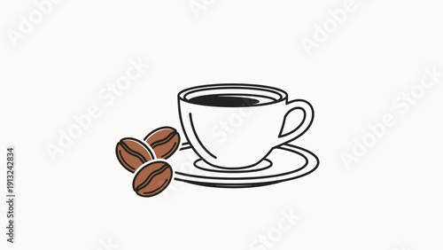 Steaming cup of dark coffee is served on a white porcelain saucer accompanied by three roasted brown coffee beans on the side.
