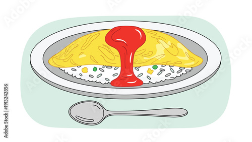 Traditional homemade omurice is presented as a yellow egg omelet over white rice with a generous serving of tomato ketchup.