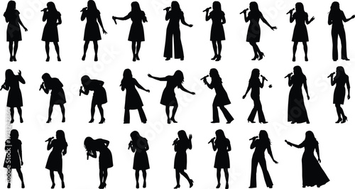 Silhouettes of female singers in diverse outfits holding microphones with expressive performance poses symbolizing music, entertainment, individuality, and stage presence