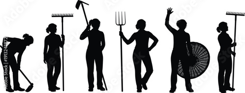 Silhouettes of gardeners holding tools including rake, hoe, pickaxe, pitchfork, basket, farming illustration, agricultural labor vector isolated on white background