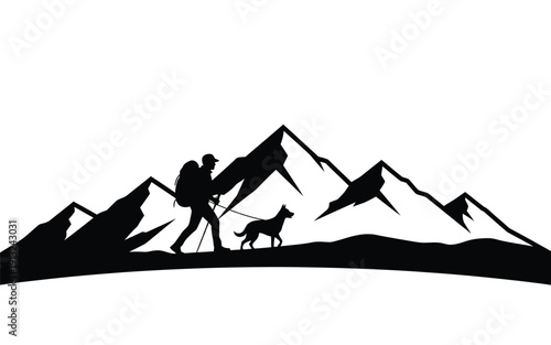 Hiker and dog silhouette against majestic mountain range landscape