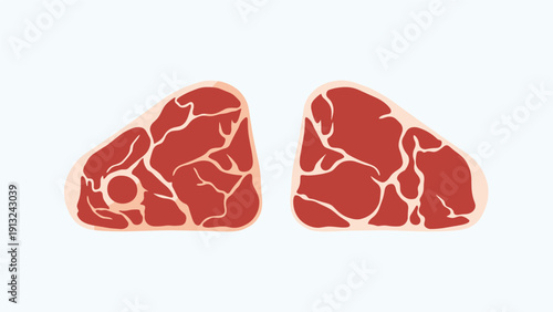 Two thick cuts of raw red beef steak or gammon ham are shown side by side against a very light blue background for cooking.
