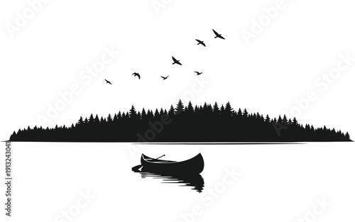 Serene silhouette of a fish swimming beneath a flock of birds flying over a forest island