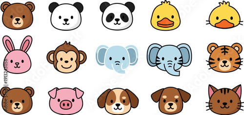 Large set of cute cartoon animal face stickers featuring bear panda duckling rabbit monkey elephant tiger pig dog and cat characters isolated on white.