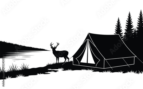 Serene silhouette of a deer standing by a tent near a lake surrounded by trees