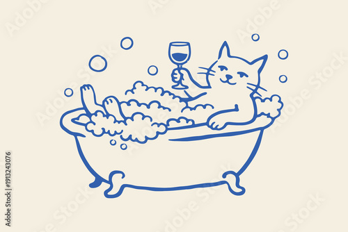 Cat in bubble bath with wine naive line art vector illustration