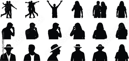 Silhouettes of people in diverse standing and social interaction poses symbolizing communication, lifestyle, posture, body language, and everyday human movement
