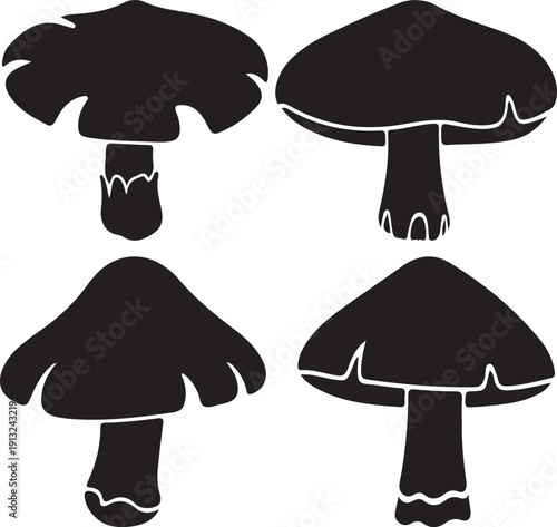 Set of four unique black mushroom silhouettes with detailed caps and stems, isolated on a transparent background