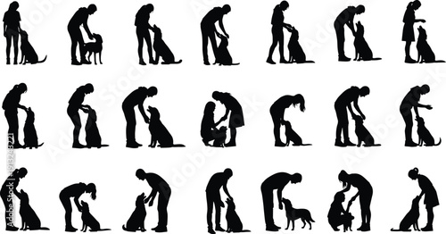Silhouettes of people interacting with dogs in affectionate and training poses symbolizing companionship, pet care, lifestyle, and human-animal bond