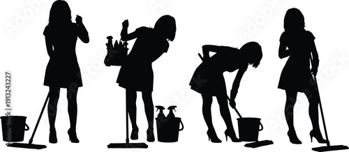 Silhouettes of people performing cleaning tasks with mops, buckets, and spray bottles symbolizing household chores, domestic work, and janitorial services
