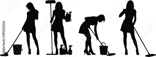 Silhouettes of people performing cleaning tasks including mopping, scrubbing, and using spray bottles symbolizing household chores, domestic work, and janitorial services