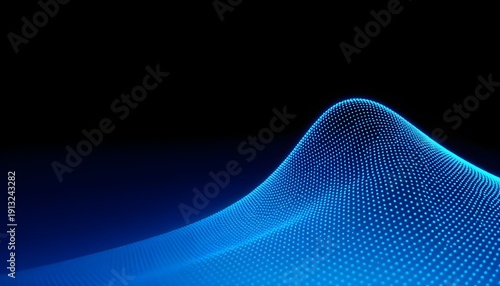 A blue wave-like structure of dots on a black background viewed from a low angle