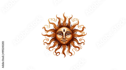 A stylized sun, with a face at the center and stylized rays extending outward, brown tones on white