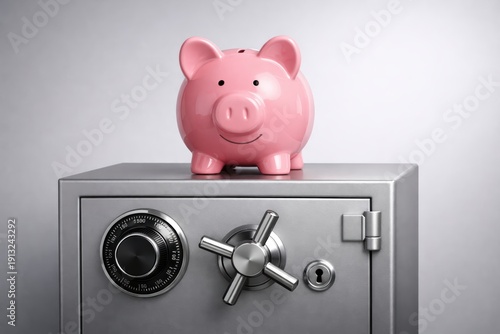 Piggy Bank Secured: A cheerful pink piggy bank rests securely atop a robust metal safe, embodying the concepts of savings, financial security, and investment. A visual metaphor for prosperity.