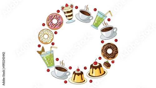 Circular frame of sweet treats and drinks includes donuts, coffee cups, pudding, and refreshing green smoothies for dessert.