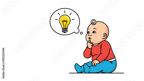 Intelligent baby boy is sitting down and thinking about a bright idea represented by a glowing yellow lightbulb icon.