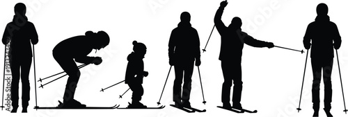 Silhouettes of skiers with poles in various poses, skiing vector illustration, winter sports artwork, family activity isolated on white background design