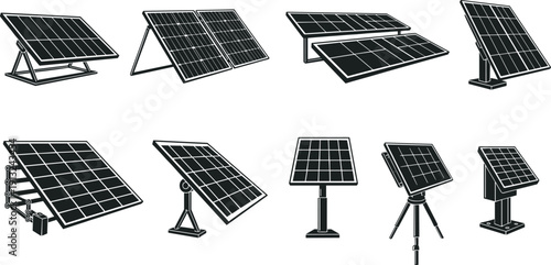 Collection of diverse solar panel mounting systems including ground, pole, and adjustable tilt designs showcasing renewable energy infrastructure adaptability for sustainable power installations