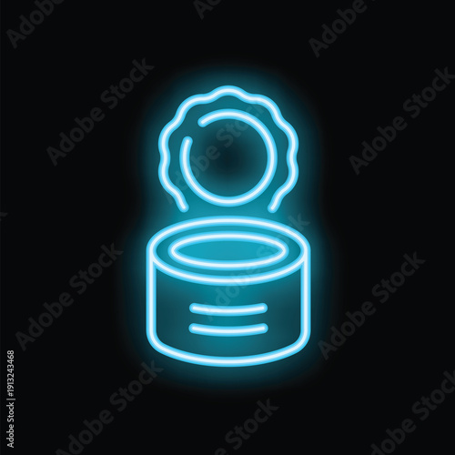 Blue neon sign depicting an open tin can with its lid on black background, evoking concepts like food conservation and grocery shopping