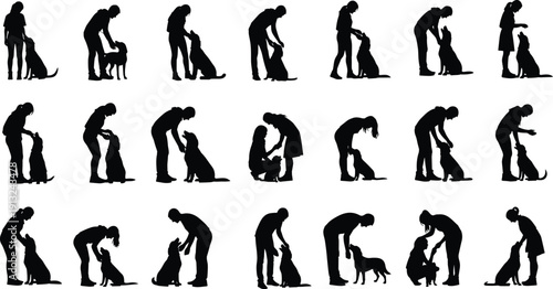 Silhouettes of people interacting with dogs in various poses symbolizing companionship, pet care, training, play, and human-animal bond