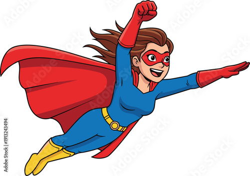 Powerful Cartoon Superhero Woman Character Flying With A Red Cape And Mask For Heroism Empowerment Or Comic Book Adventure Concept Vector Illustration