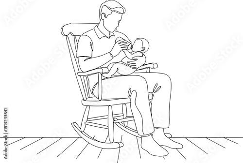 Father's day Continuous Line Drawing of a Father Bottle-Feeding His Newborn Baby While Relaxing in a Rocking Chair. Minimalist Vector Art Depicting Paternal Love, Bonding, and Childcare Duties.