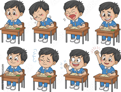 Collection of happy cartoon student characters sitting at school desks and learning for primary classroom education academic behavior childhood and student branding design