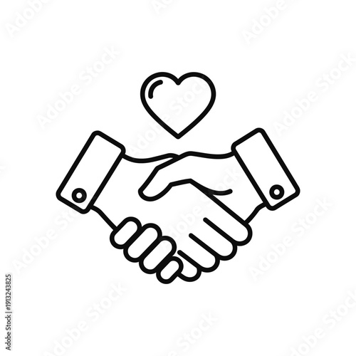 Two business hands firmly shake above a floating heart shape signifying partnership and mutual affection.